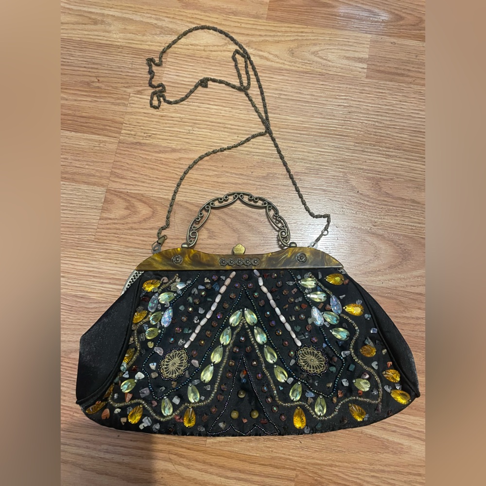 Vintage Beaded Purse Black Gold Art Deco Evening Hollywood Glam Cocktail Purse